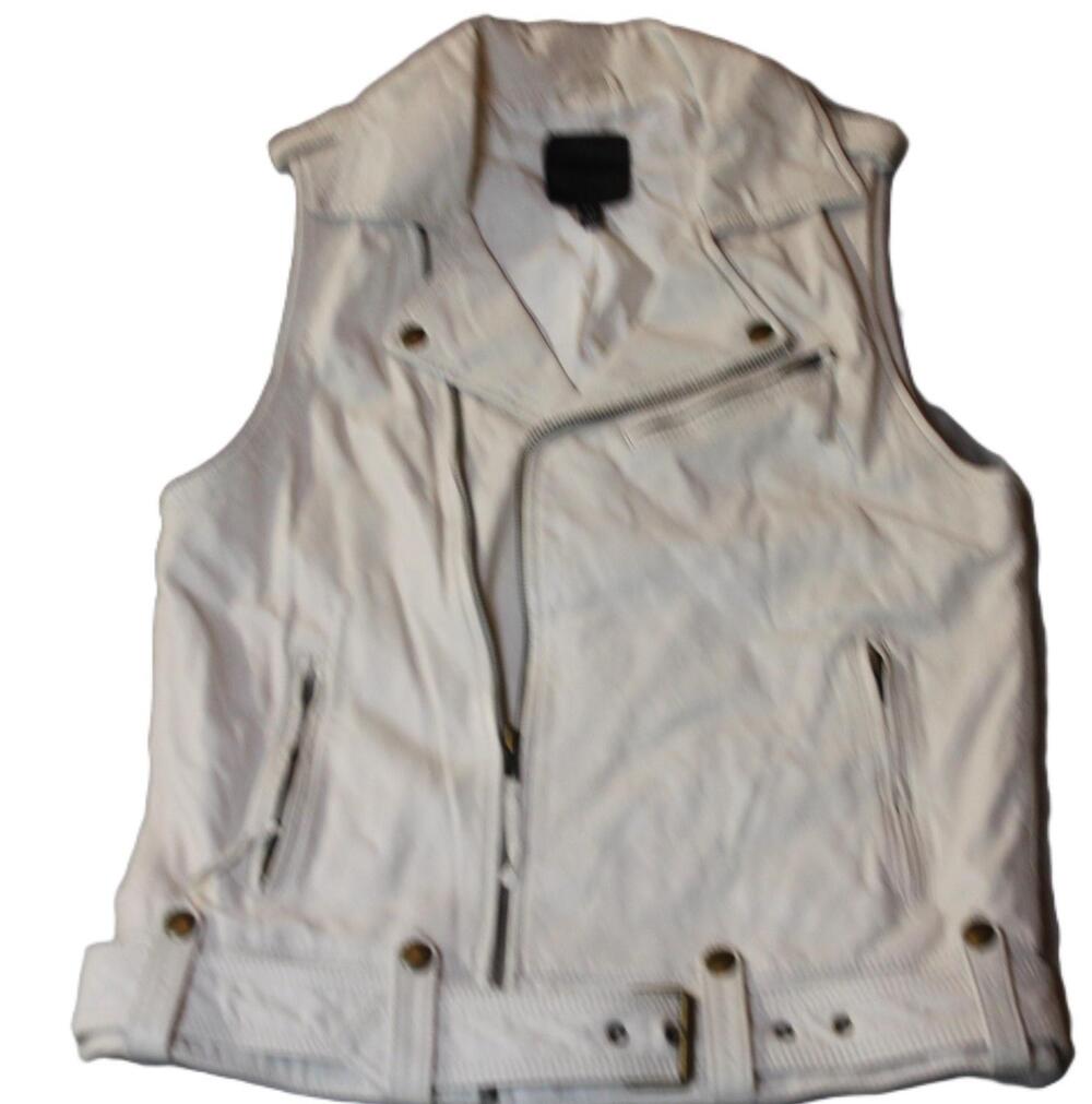 Vest Womens M White Leather Biker Full Zip Pockets Belted Lined Short Casual